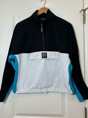 DKNY women’s Black White and Teal Zip Pullover Sweater #137